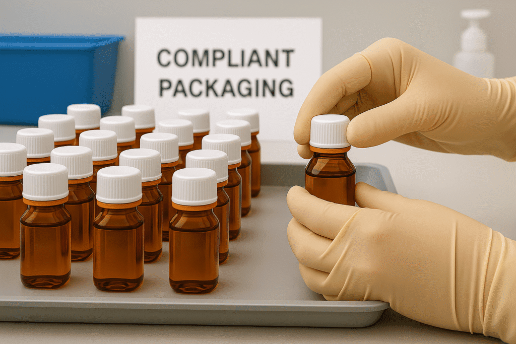 Gloved hands sealing a methadone take-home bottle with a one-step closure cap in a clinic setting