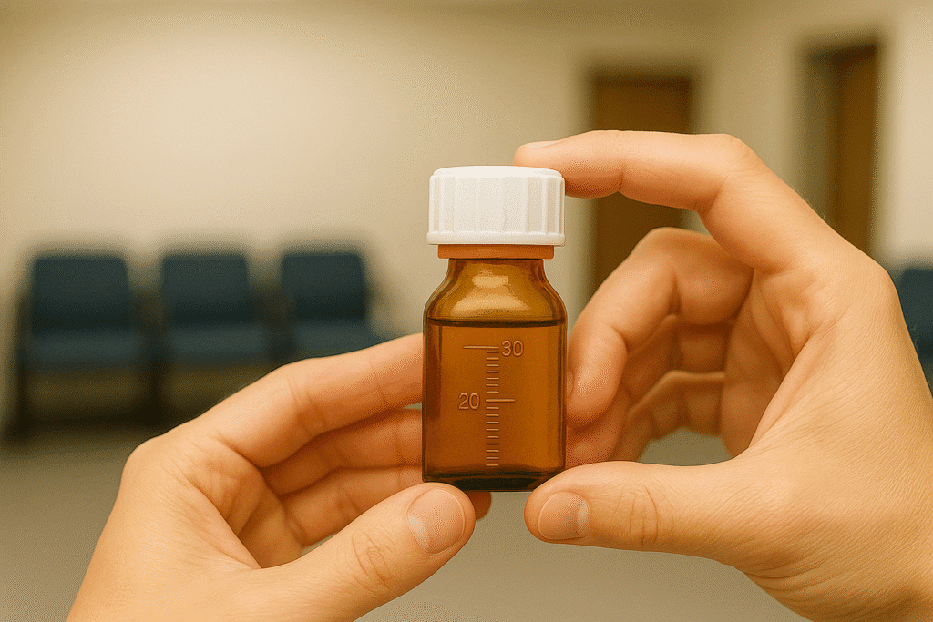 Hand holding a MethaLock methadone bottle