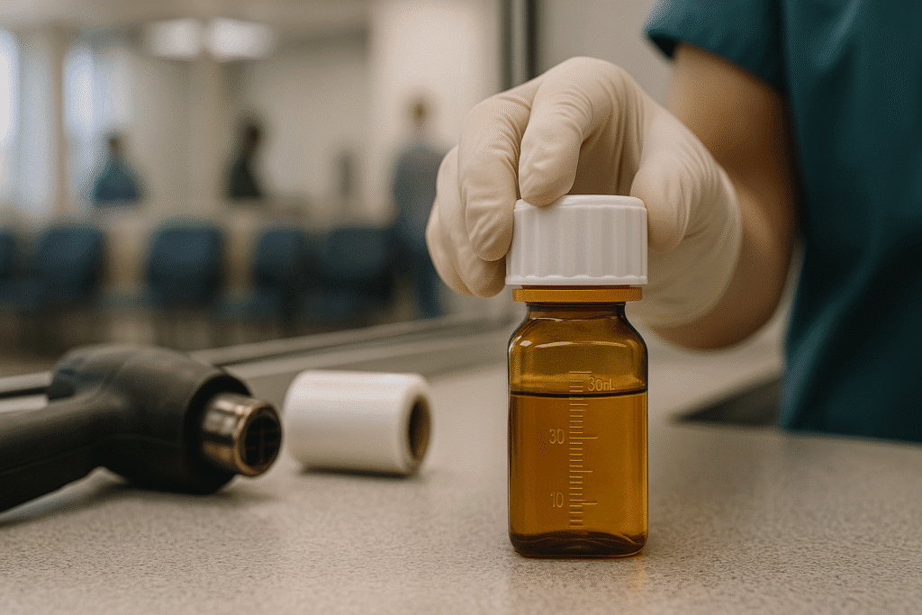 MethaLock efficiency comparison: heat-seal tools and shrink bands on the left, versus a hand twist-locking a 30 mL MethaLock bottle on the right.