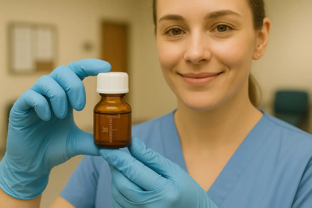 Nurse wearing gloves holding a 30mL LiquiMedLock bottle with white child-resistant cap in a clinic setting.