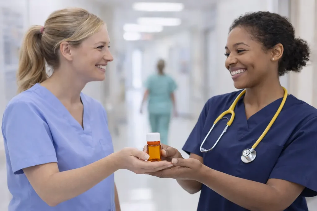 Two nurses in a clinic setting with LiquiMedLock’s amber 30mL methadone bottle featuring the white cap and orange tamper-evident band