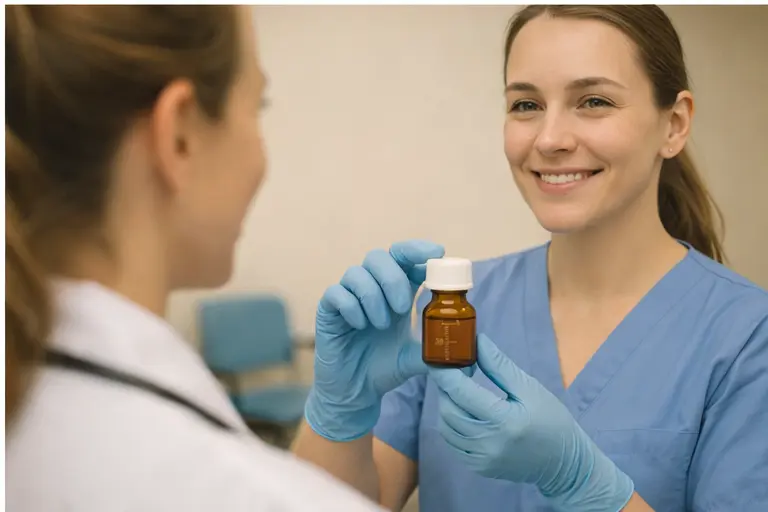 Nurse in blue gloves holding a 30 mL amber medication bottle in a clinical setting