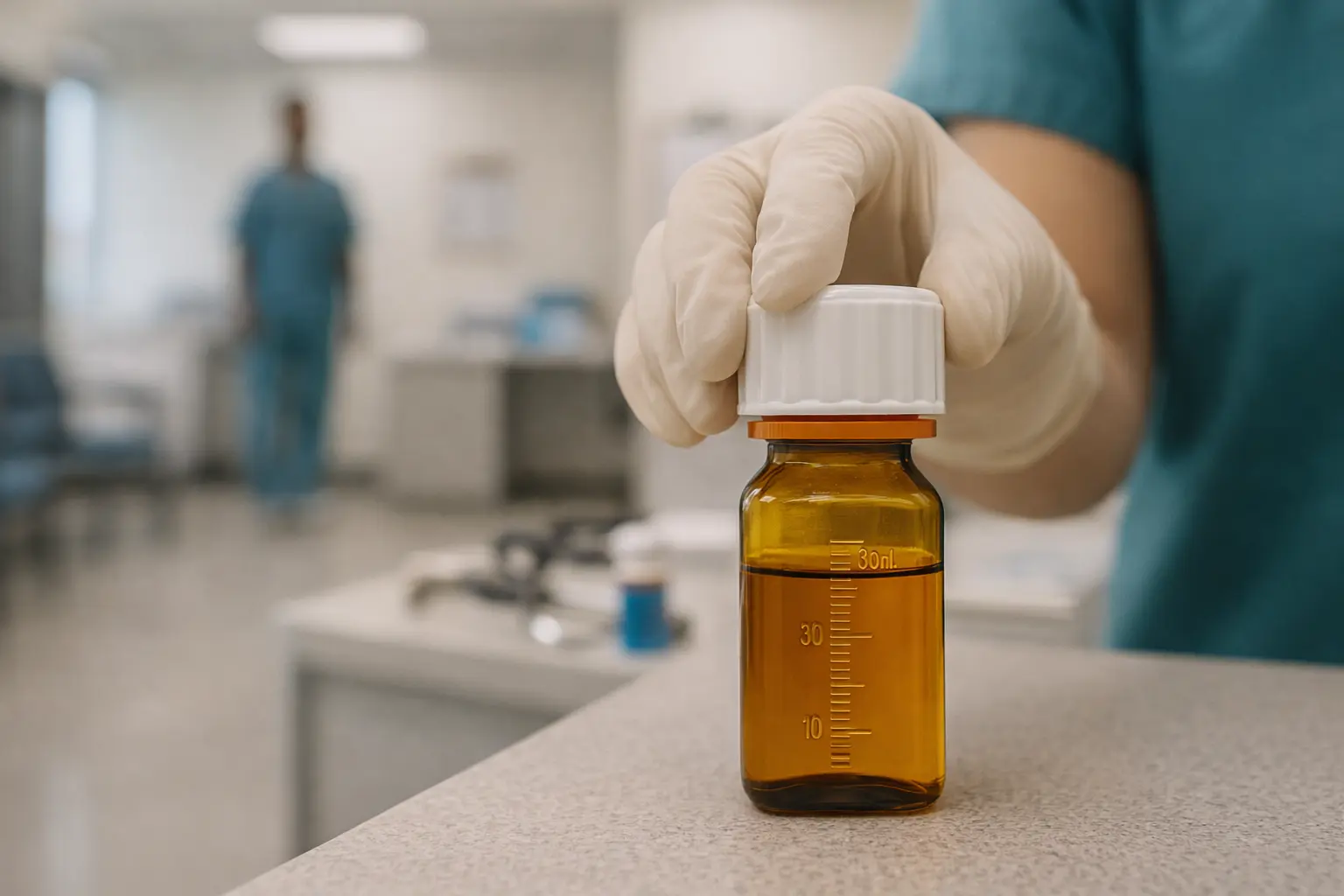 Gloved hand placing a 30 mL amber medicine bottle on a clinic counter with blurred healthcare background